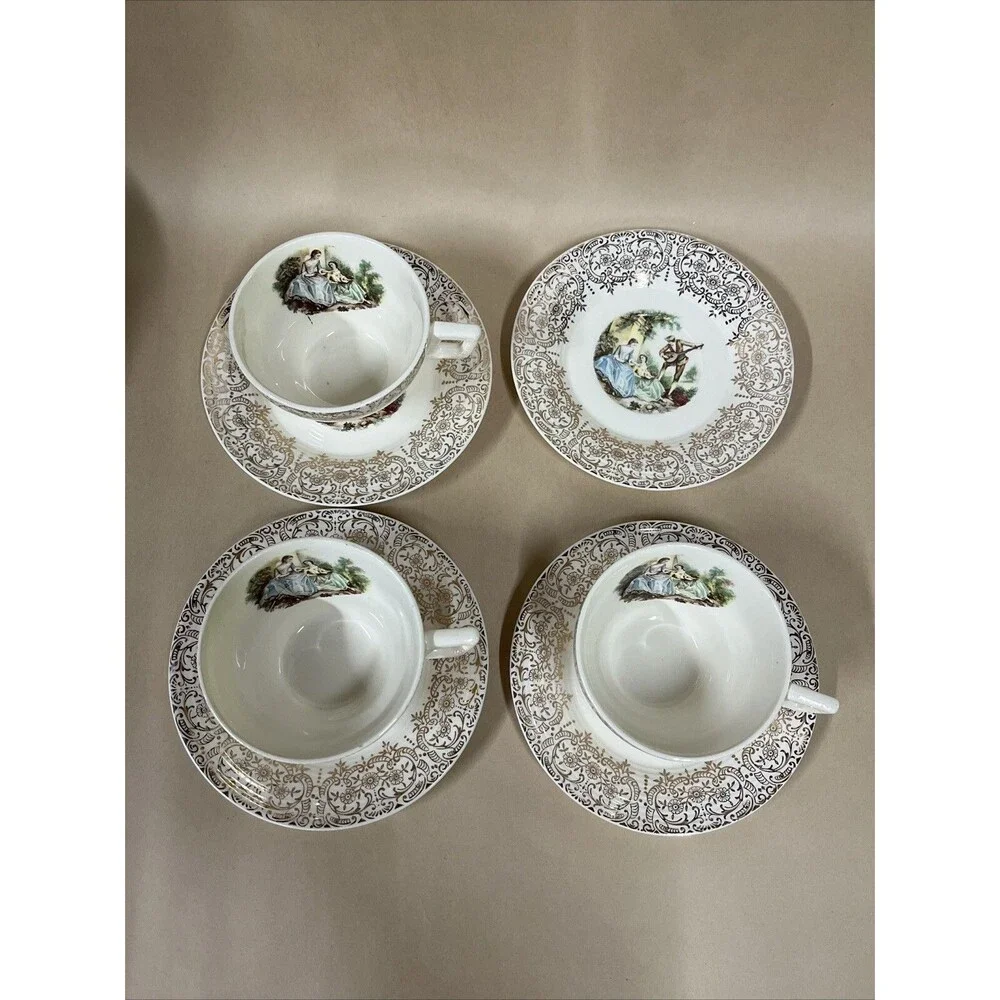 VTG American Limoges Triumph D'or Serenade 3 Cups &‎ 4 Saucers 22K Gold READ